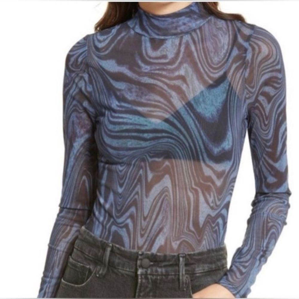 Good American  Swirl Midnight Blue And Black Mock Neck Sheer Bodysuit